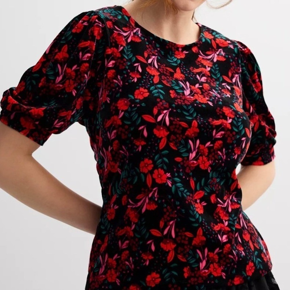 Draper James XXL Velvet Floral Top‎ Black Red Pink Puff Sleeve Blouse Plus Size